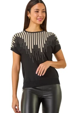 T-Shirts>Roman Black Piano Pattern Knit Top