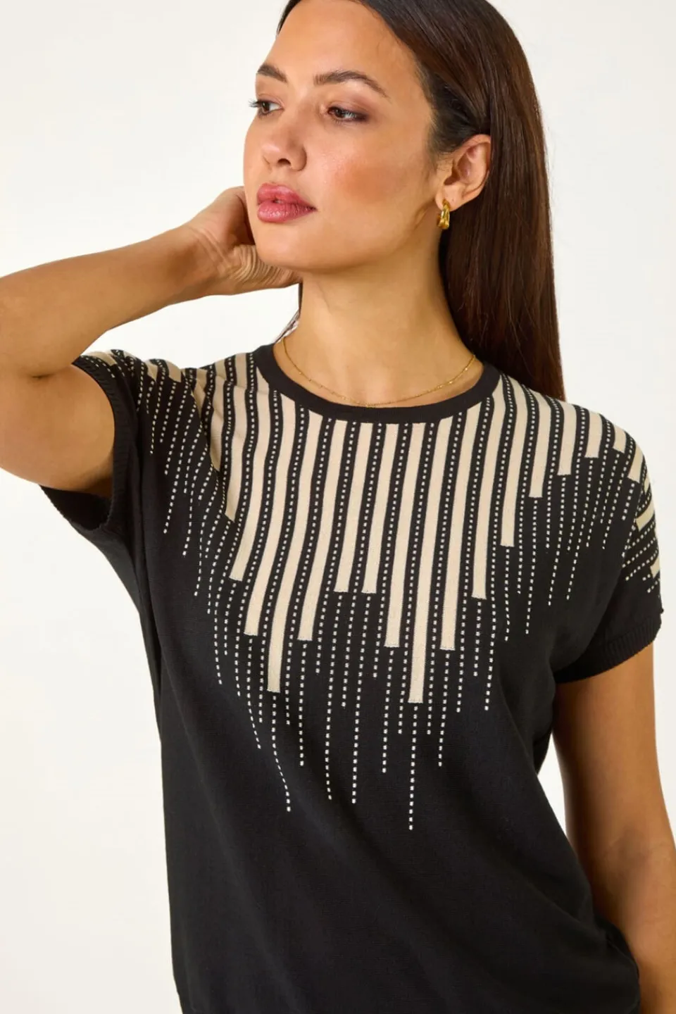T-Shirts>Roman Black Piano Pattern Knit Top