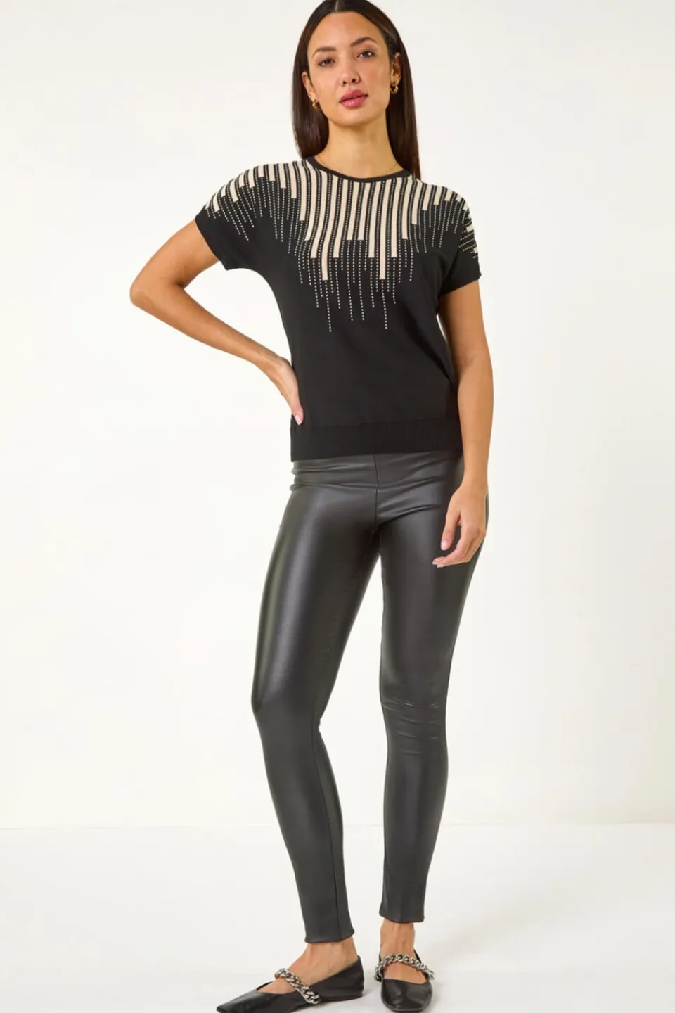 T-Shirts>Roman Black Piano Pattern Knit Top