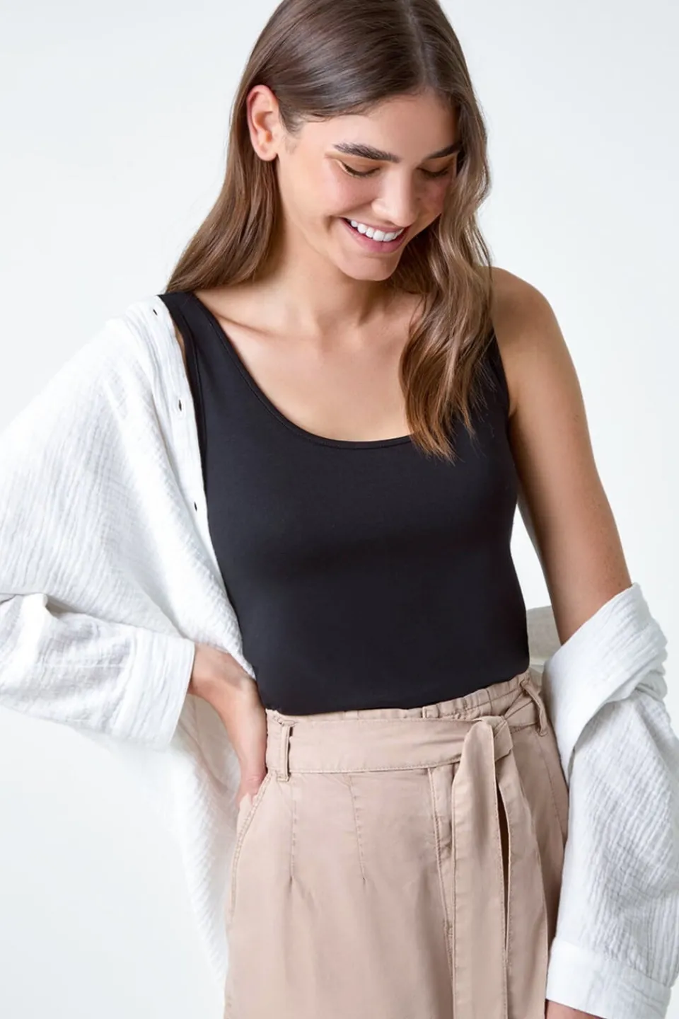 Tops>Roman Black Plain Stretch Jersey Vest Top