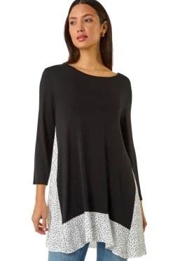 Tops>Roman Black Polka Dot Side Split Tunic Top