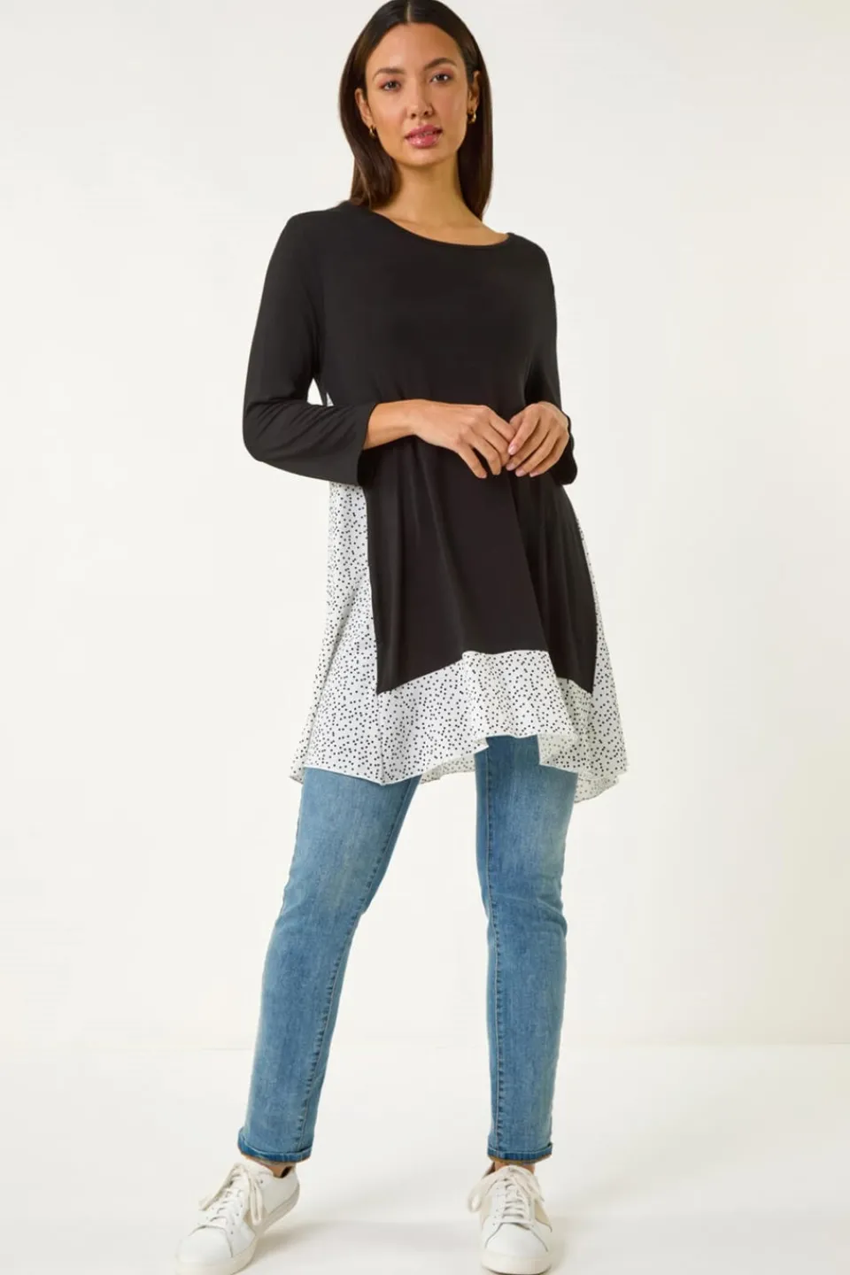 Tops>Roman Black Polka Dot Side Split Tunic Top