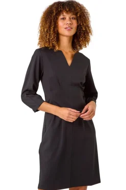 Dresses>Roman Black Ponte Notch Neck Midi Dress
