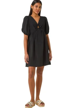 Dresses>Roman Black Ring Detail V Neck Gathered Dress