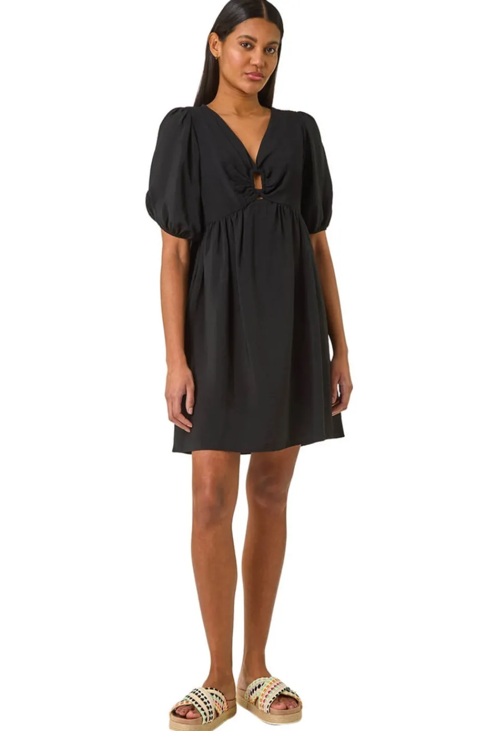 Dresses>Roman Black Ring Detail V Neck Gathered Dress