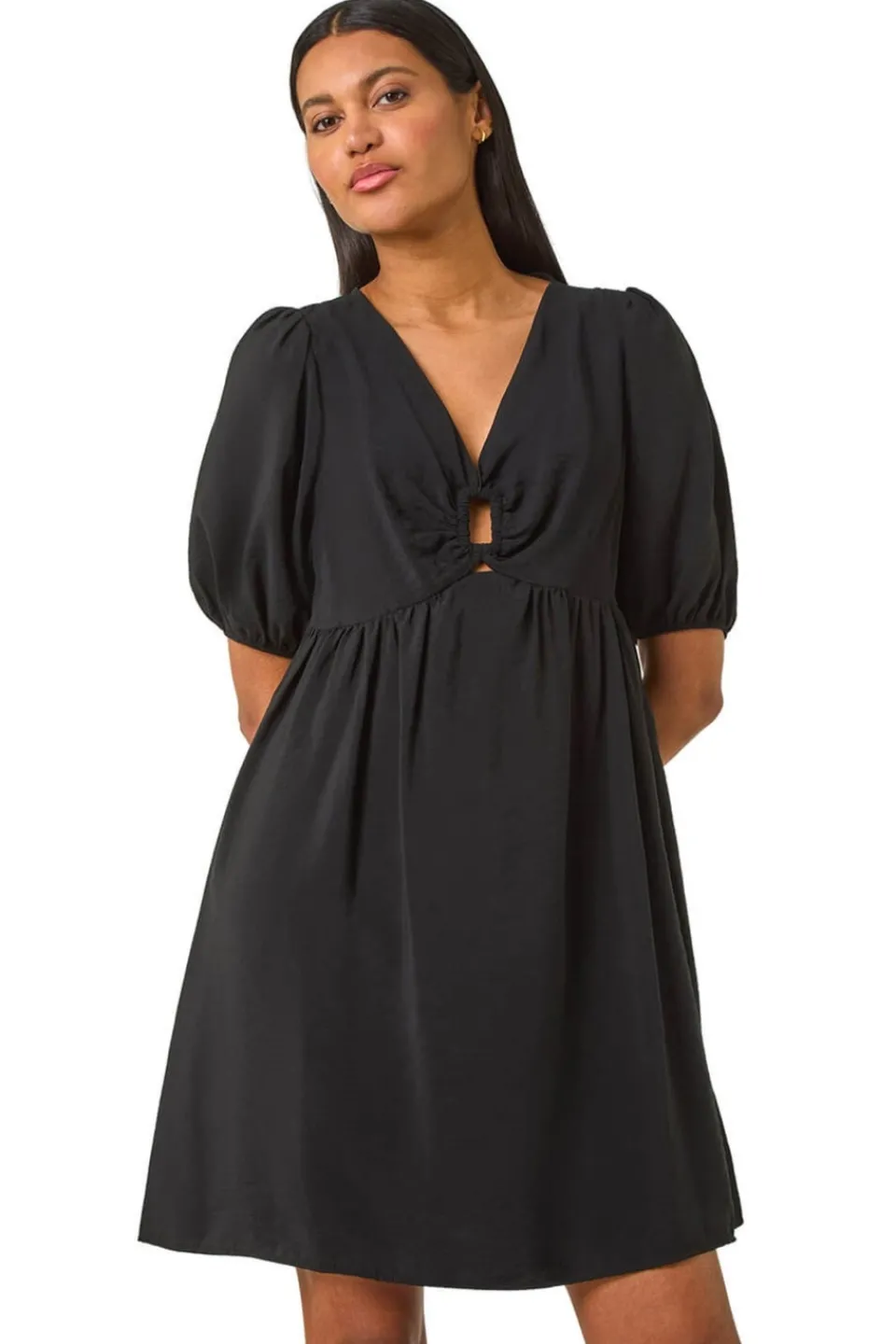 Dresses>Roman Black Ring Detail V Neck Gathered Dress