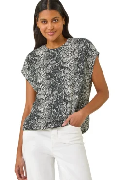 Tops>Roman Black Snake Print Bubble Hem Top