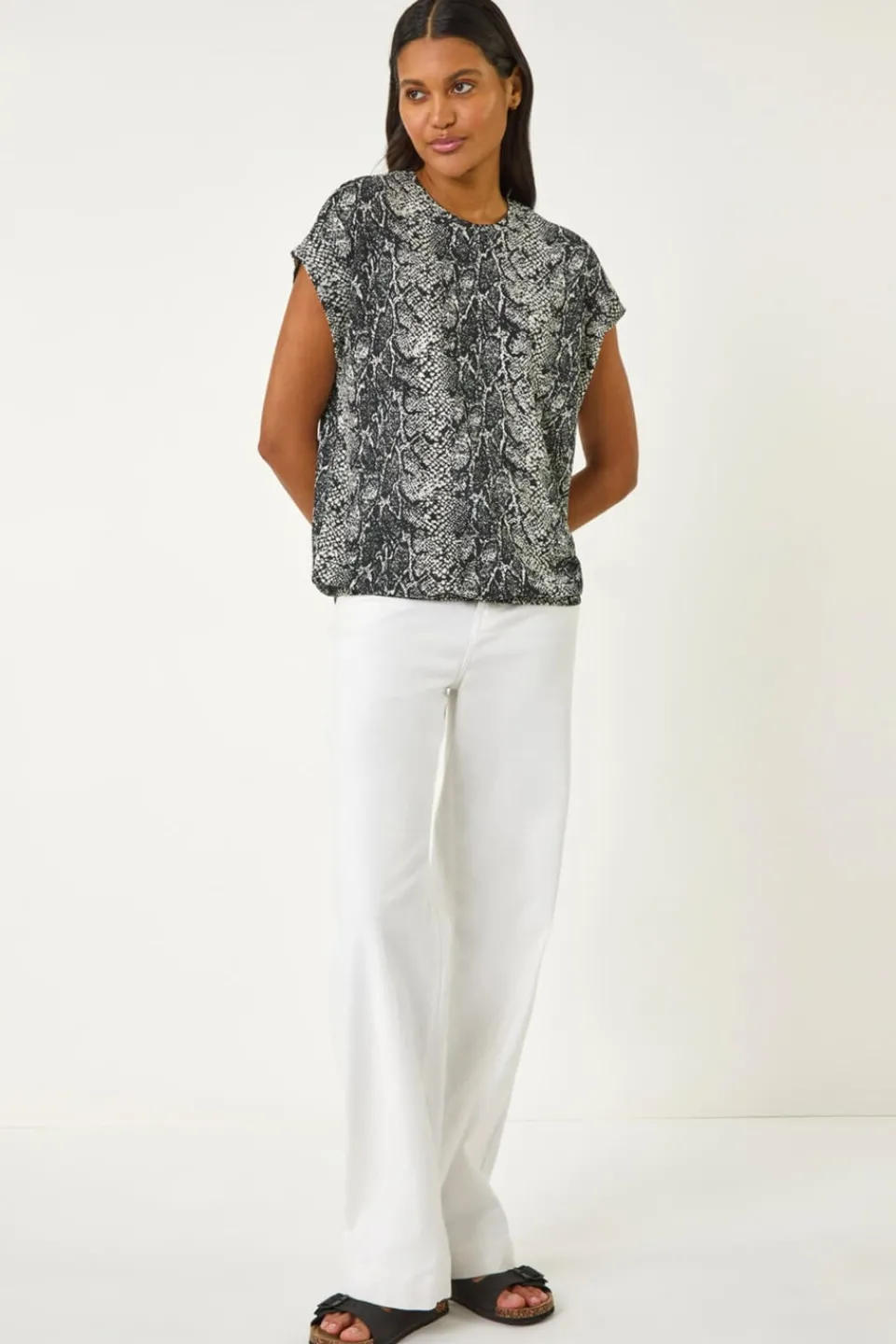 Tops>Roman Black Snake Print Bubble Hem Top