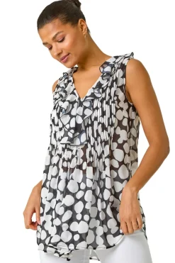 Tops>Roman Black Spot Print Frill Pintuck Detail Top