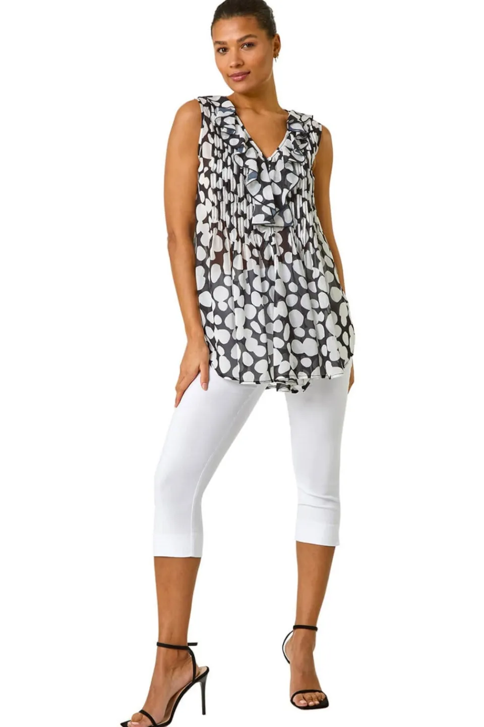 Tops>Roman Black Spot Print Frill Pintuck Detail Top