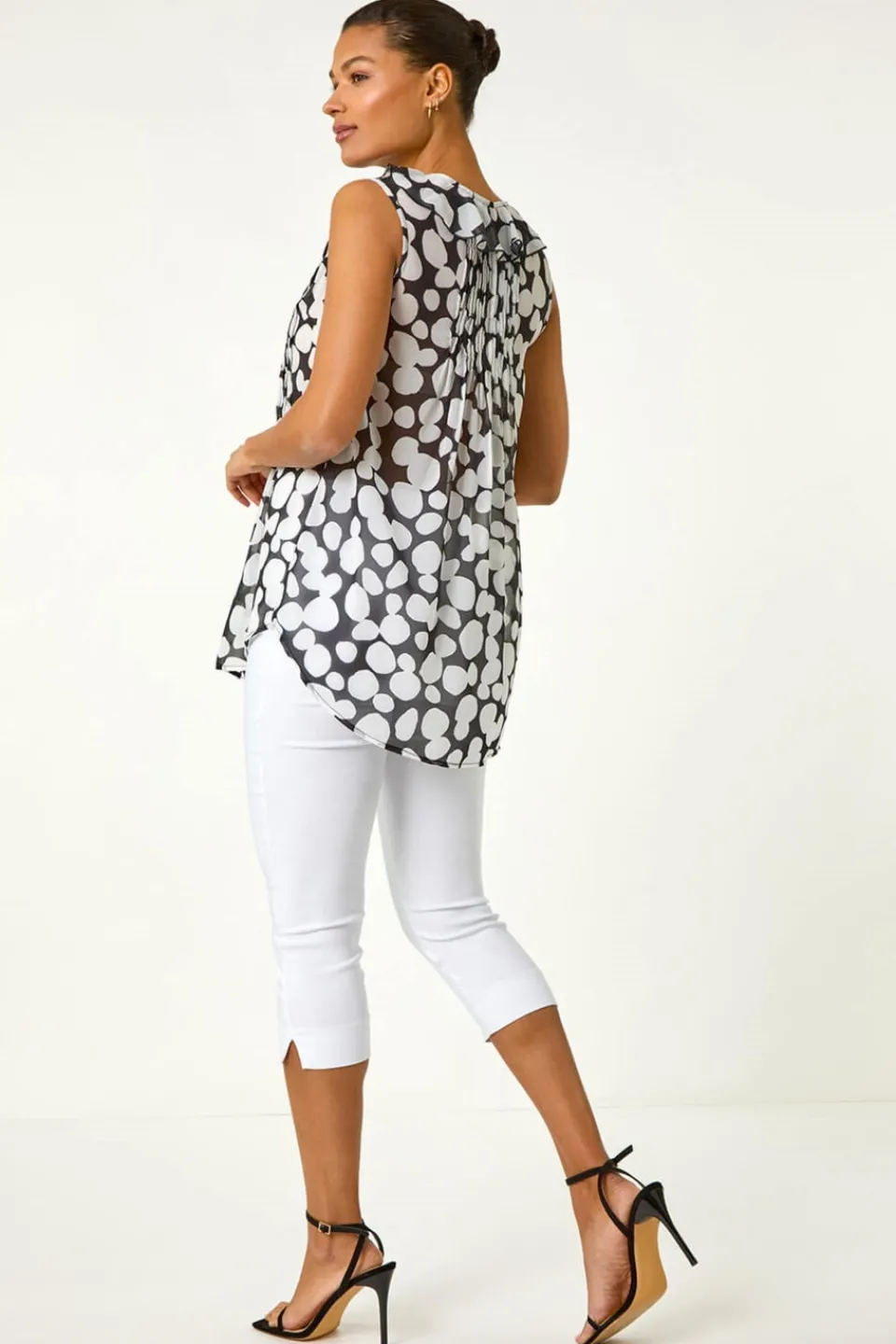 Tops>Roman Black Spot Print Frill Pintuck Detail Top