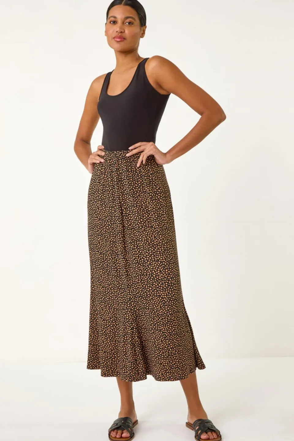 Skirts>Roman Black Spot Print Midi Skirt