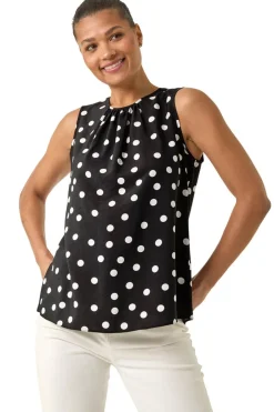 Tops>Roman Black Spot Print Tie Detail Vest Top
