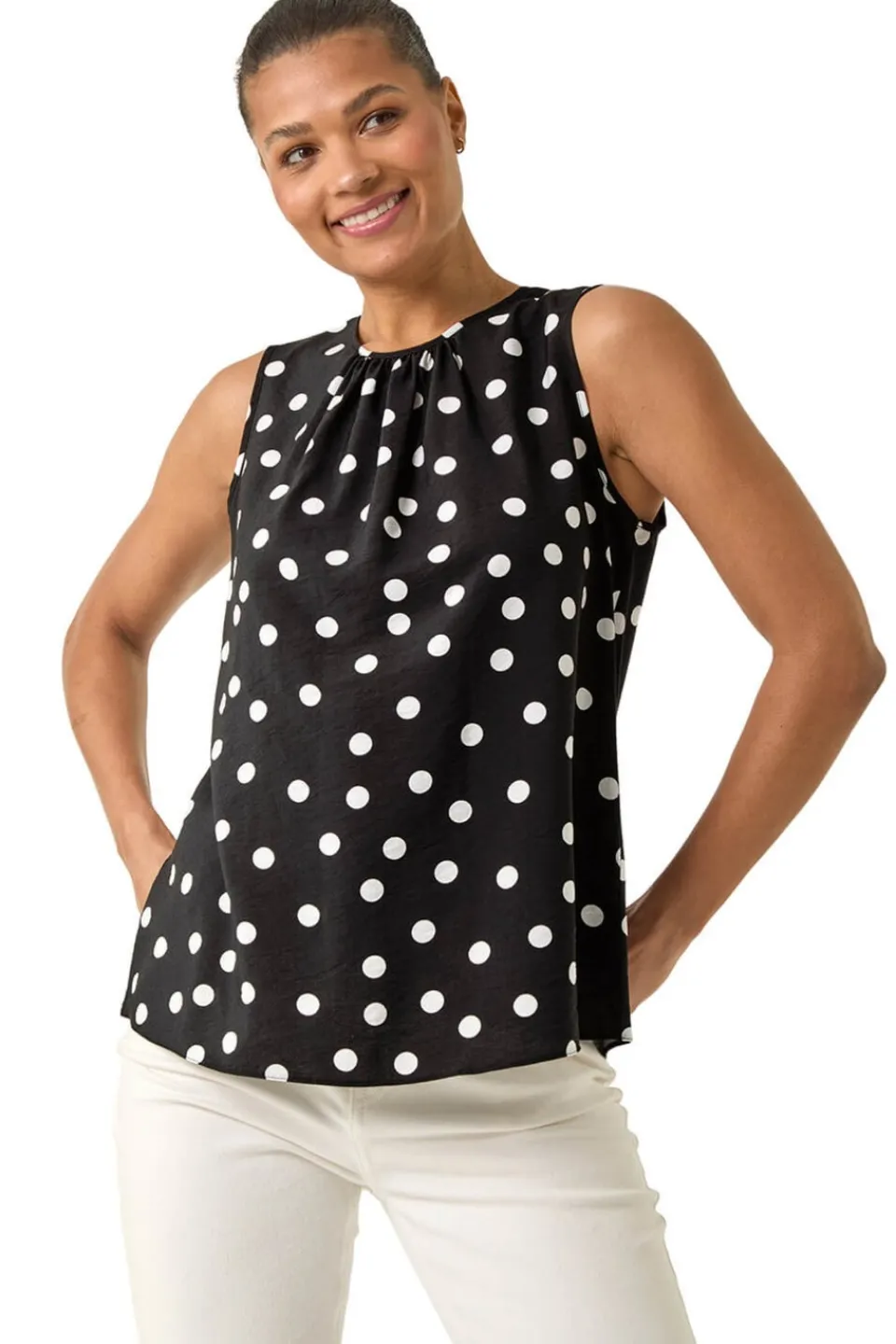 Tops>Roman Black Spot Print Tie Detail Vest Top