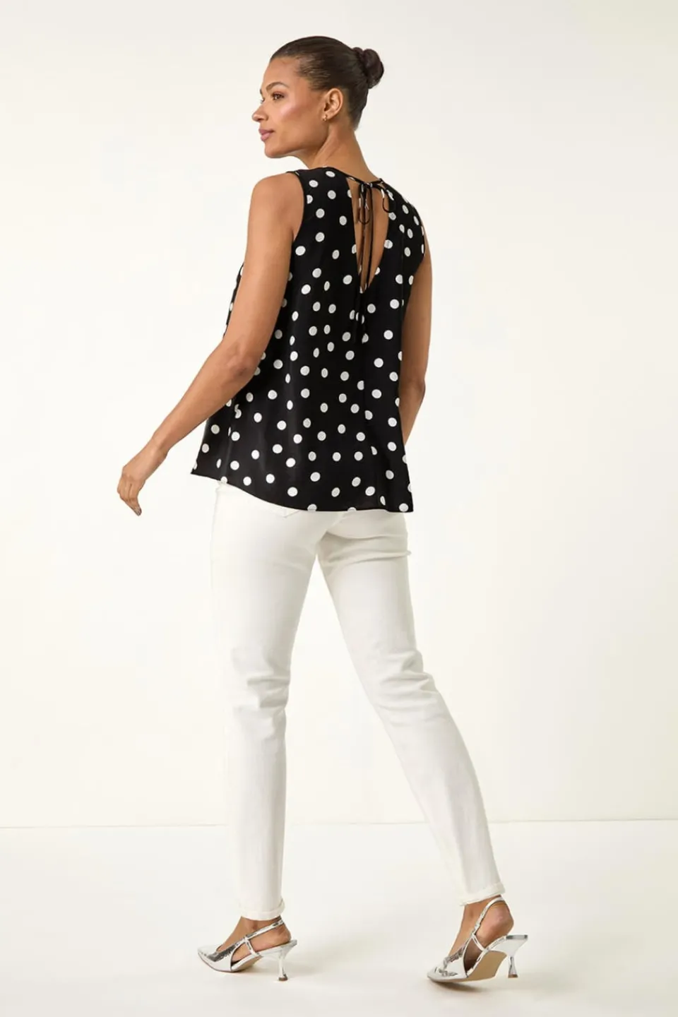 Tops>Roman Black Spot Print Tie Detail Vest Top