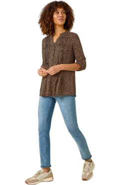 Tops>Roman Black Spot Print V-Neck Stretch Shirt