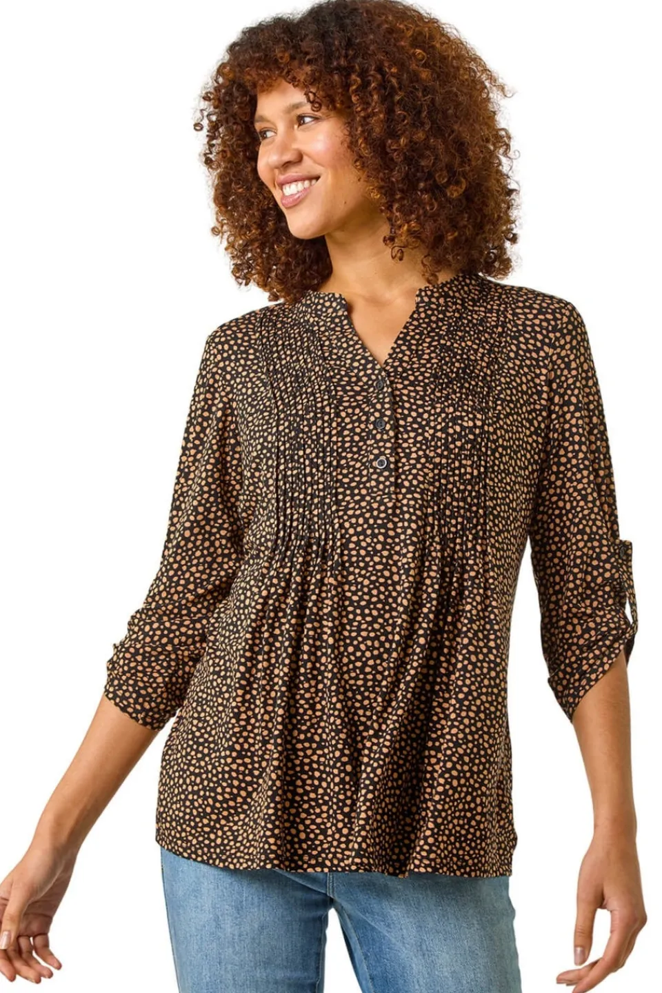 Tops>Roman Black Spot Print V-Neck Stretch Shirt