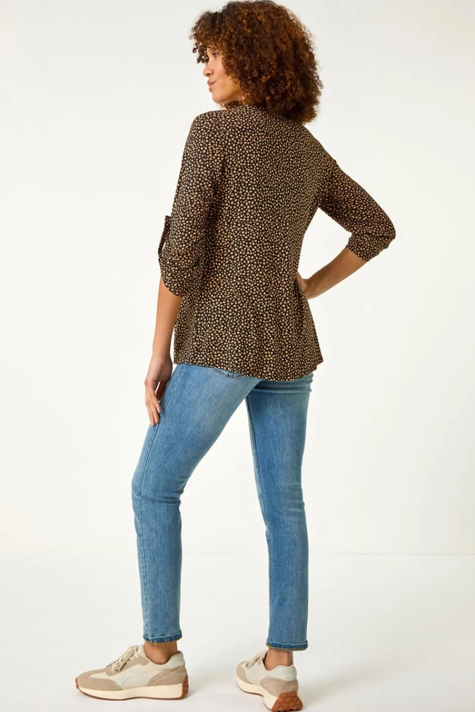 Tops>Roman Black Spot Print V-Neck Stretch Shirt