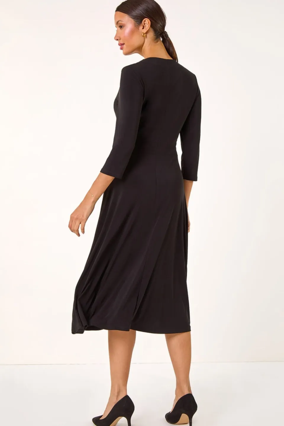 Dresses>Roman Black Stretch Crossover Midi Dress