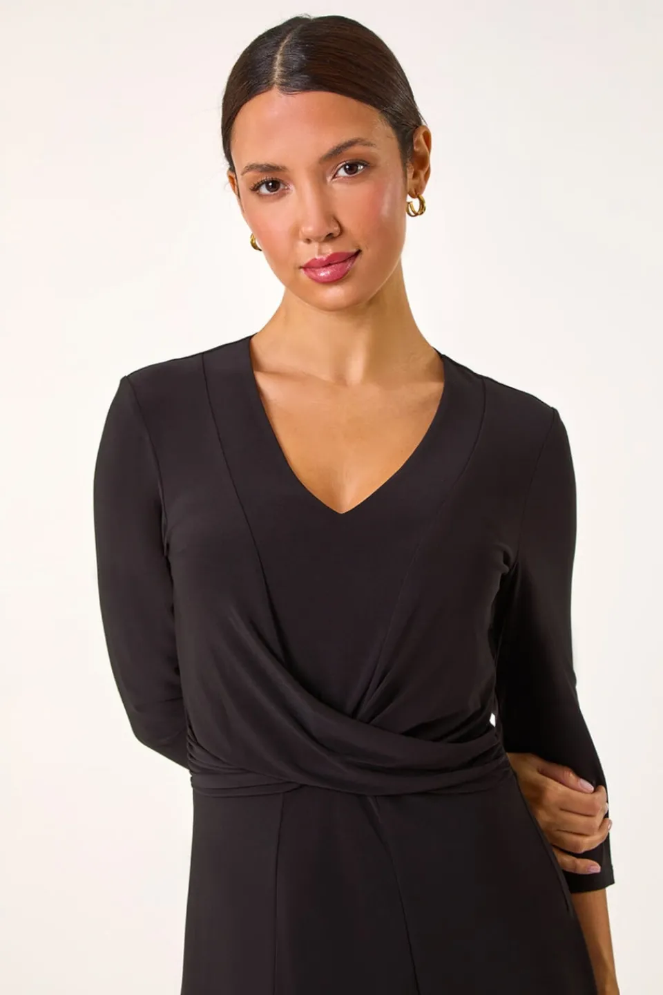 Dresses>Roman Black Stretch Crossover Midi Dress