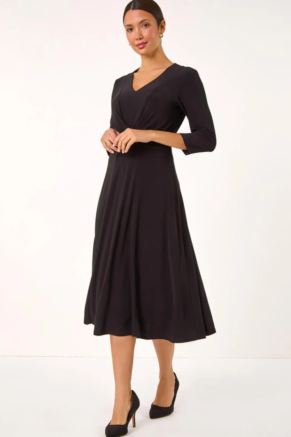 Dresses>Roman Black Stretch Crossover Midi Dress