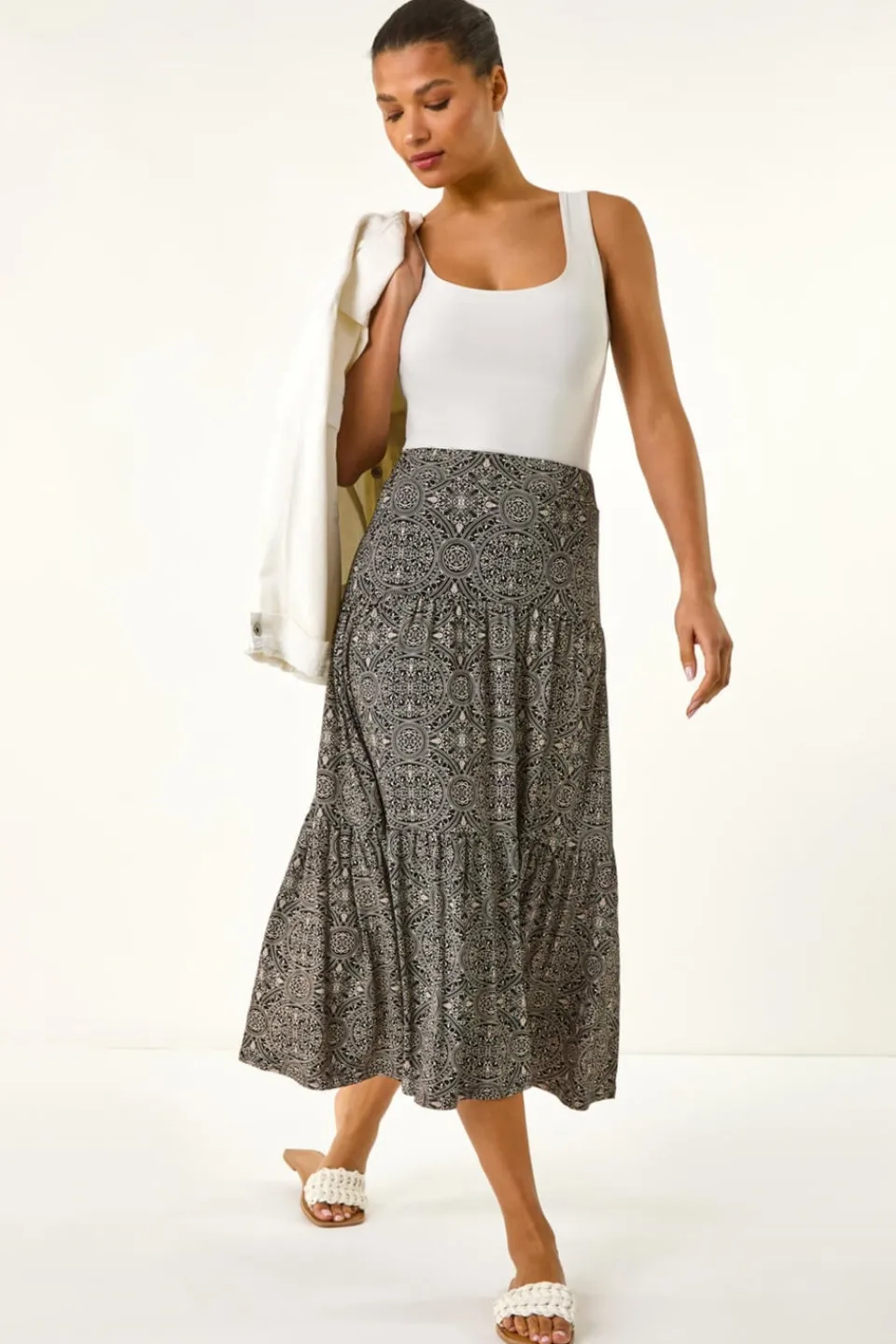 Skirts>Roman Black Stretch Geometric Floral Midi Skirt