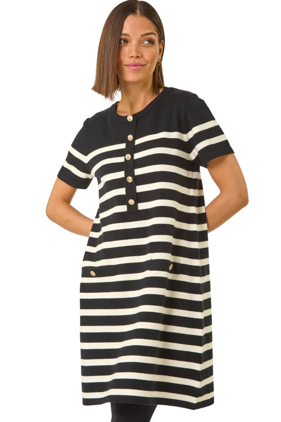Knitwear>Roman Stripe Button A-Line Knit Dress Black