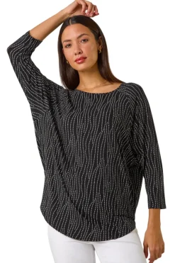 Tops>Roman Black Swirl Spot Print Stretch Top