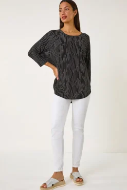 Tops>Roman Black Swirl Spot Print Stretch Top