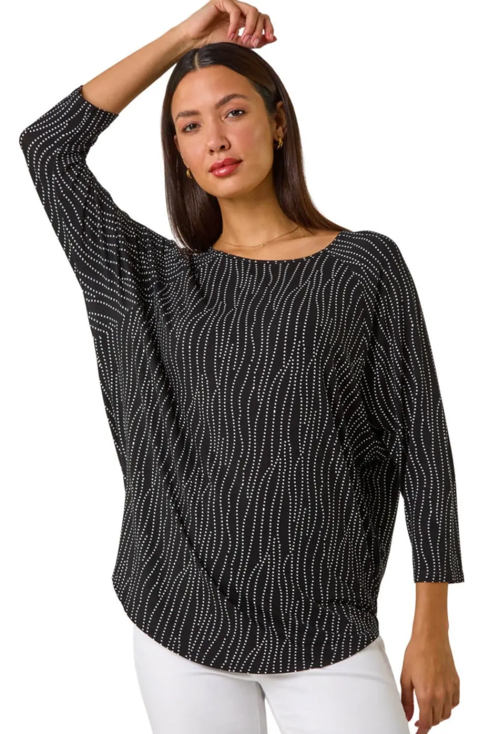 Tops>Roman Black Swirl Spot Print Stretch Top