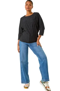 Tops>Roman Black Textured Batwing Sleeve Top