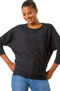 Tops>Roman Black Textured Batwing Sleeve Top