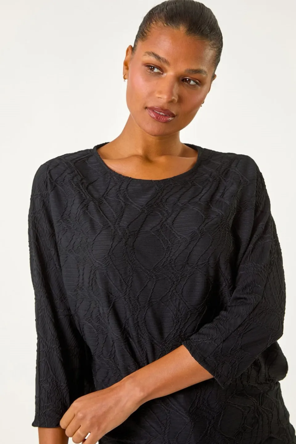 Tops>Roman Black Textured Batwing Sleeve Top
