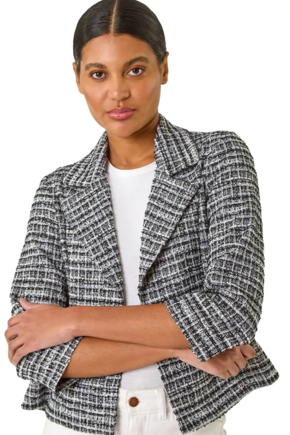Coats & Jackets>Roman Black Textured Check Blazer