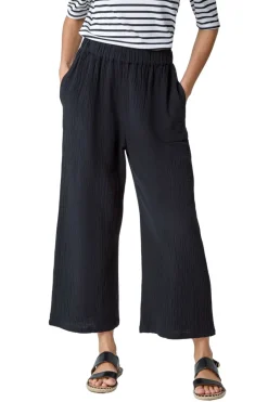 Trousers>Roman Black Textured Cotton Elastic Waist Culotte Trousers