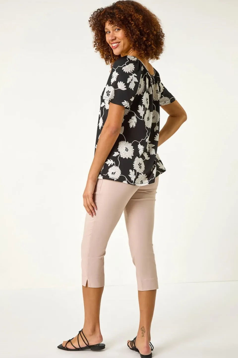 T-Shirts>Roman Black Textured Floral Print V Neck Stretch Top