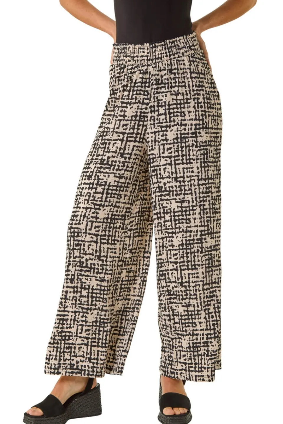 Trousers>Roman Black Textured Print Elastic Waist Stretch Trouser