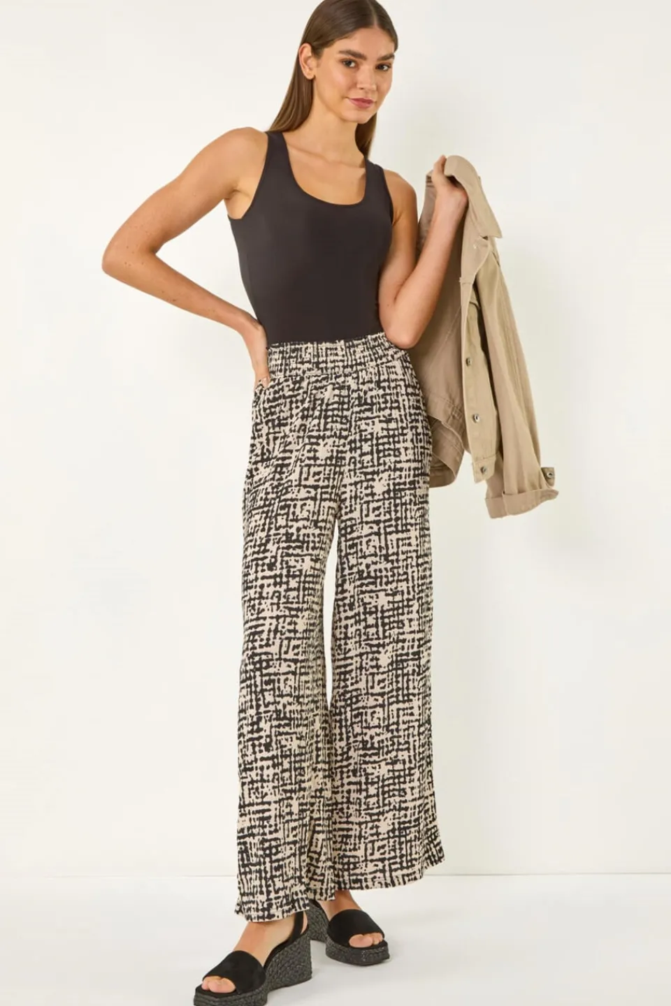 Trousers>Roman Black Textured Print Elastic Waist Stretch Trouser