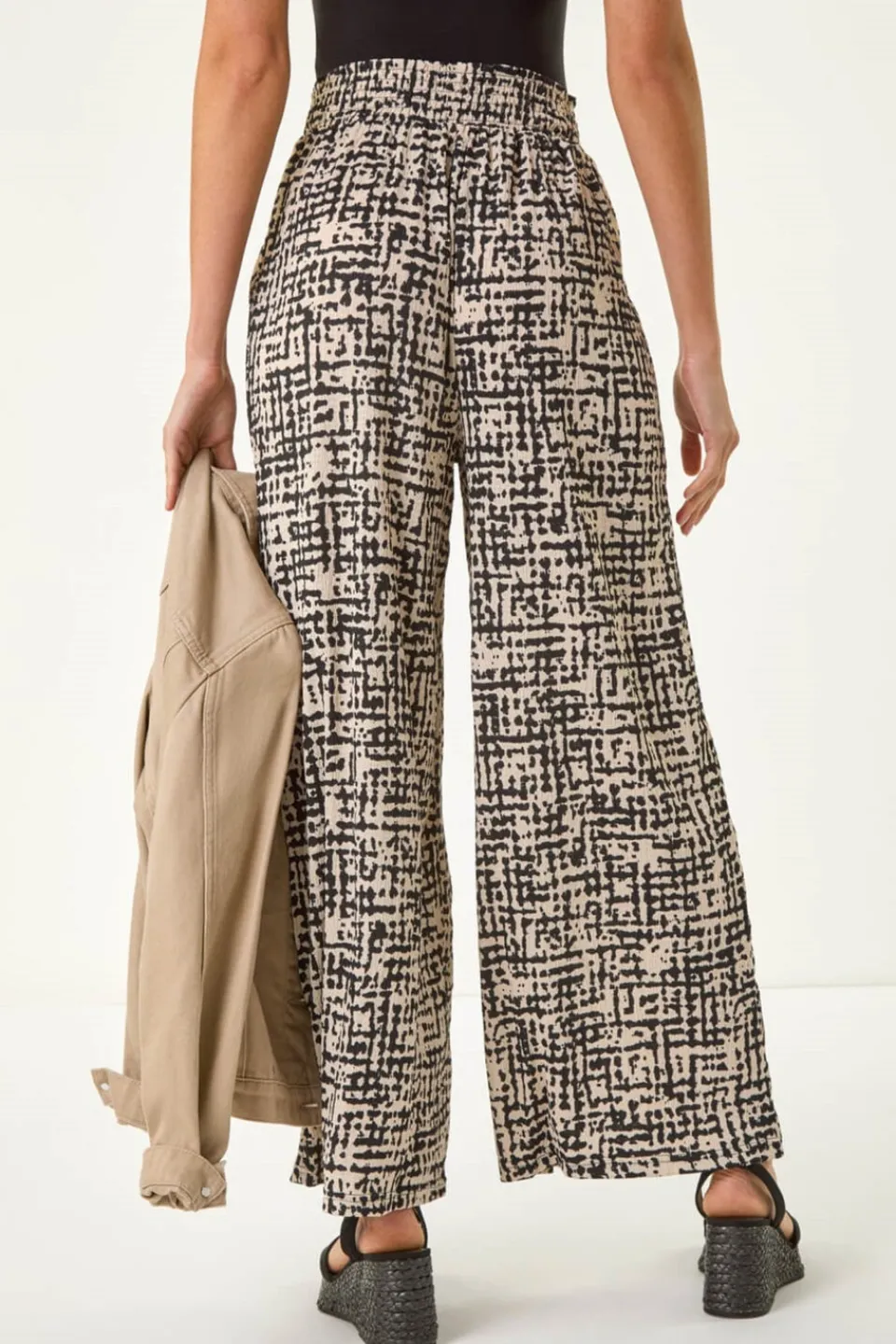 Trousers>Roman Black Textured Print Elastic Waist Stretch Trouser