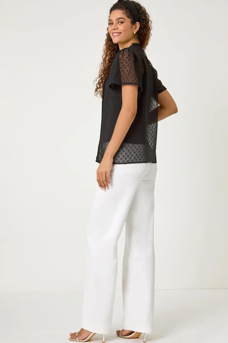 Tops>Roman Black Textured Spot Lace Trim Blouse