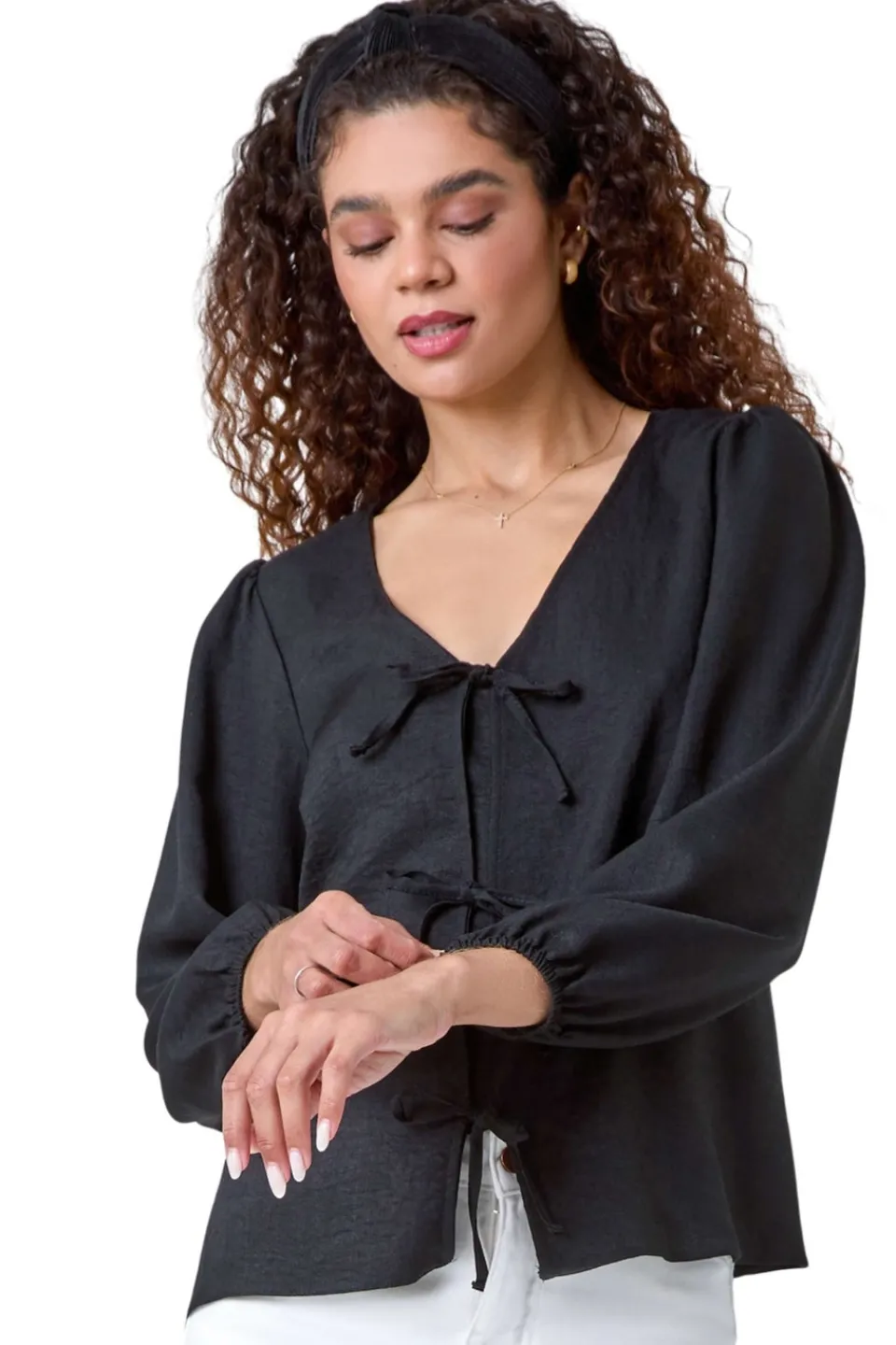 Tops>Roman Black Tie Front Woven Top