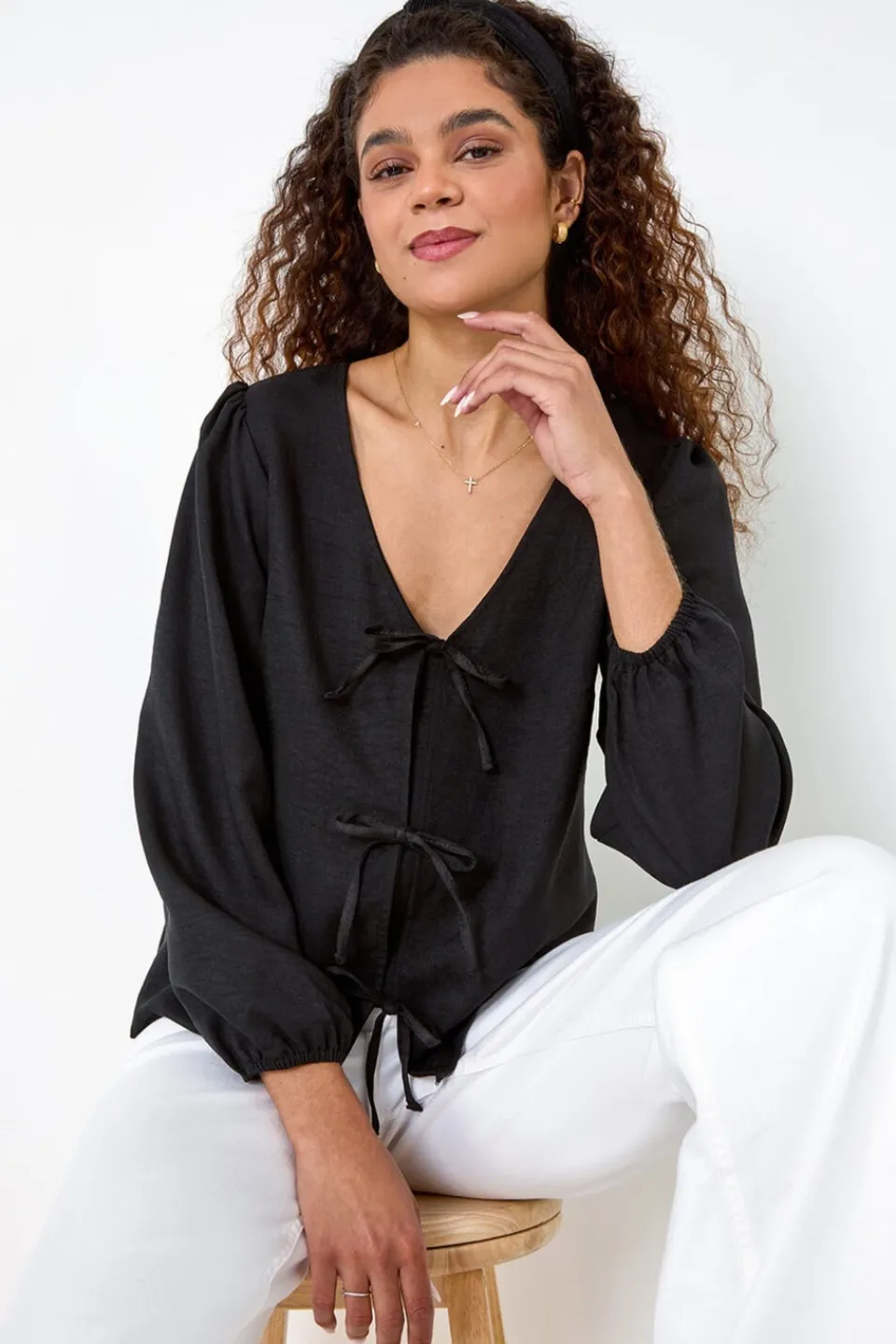 Tops>Roman Black Tie Front Woven Top