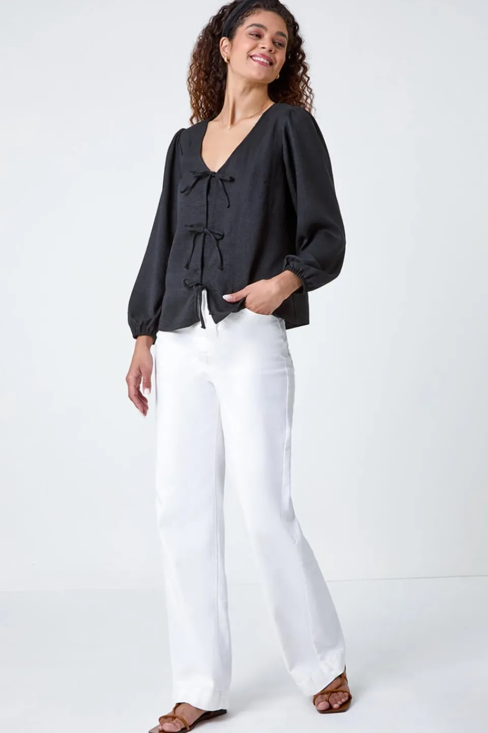 Tops>Roman Black Tie Front Woven Top