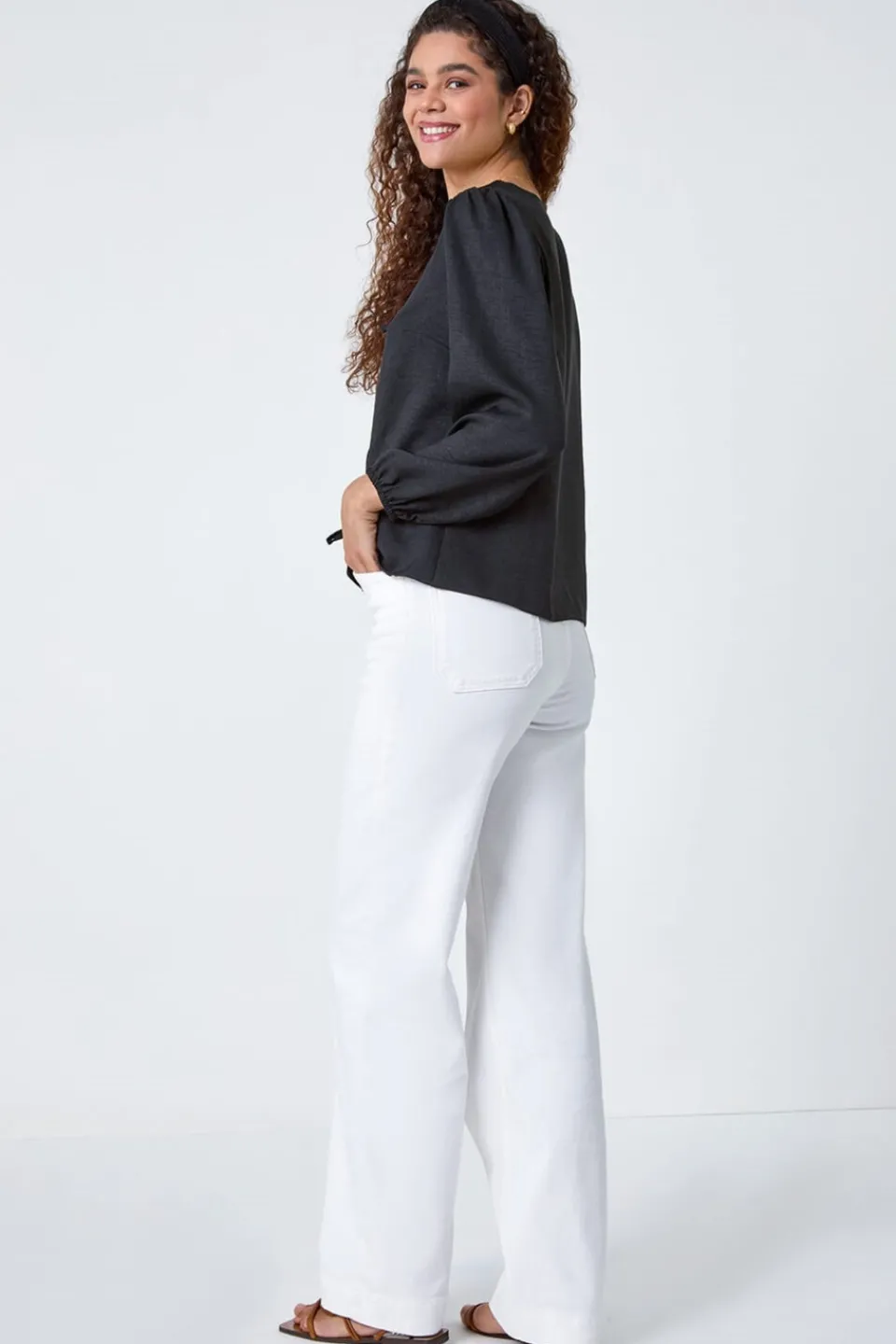 Tops>Roman Black Tie Front Woven Top