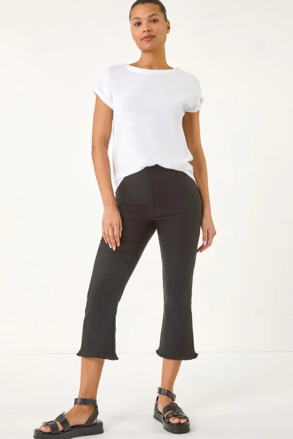 Trousers>Roman Black Trim Flared Cropped Stretch Trousers