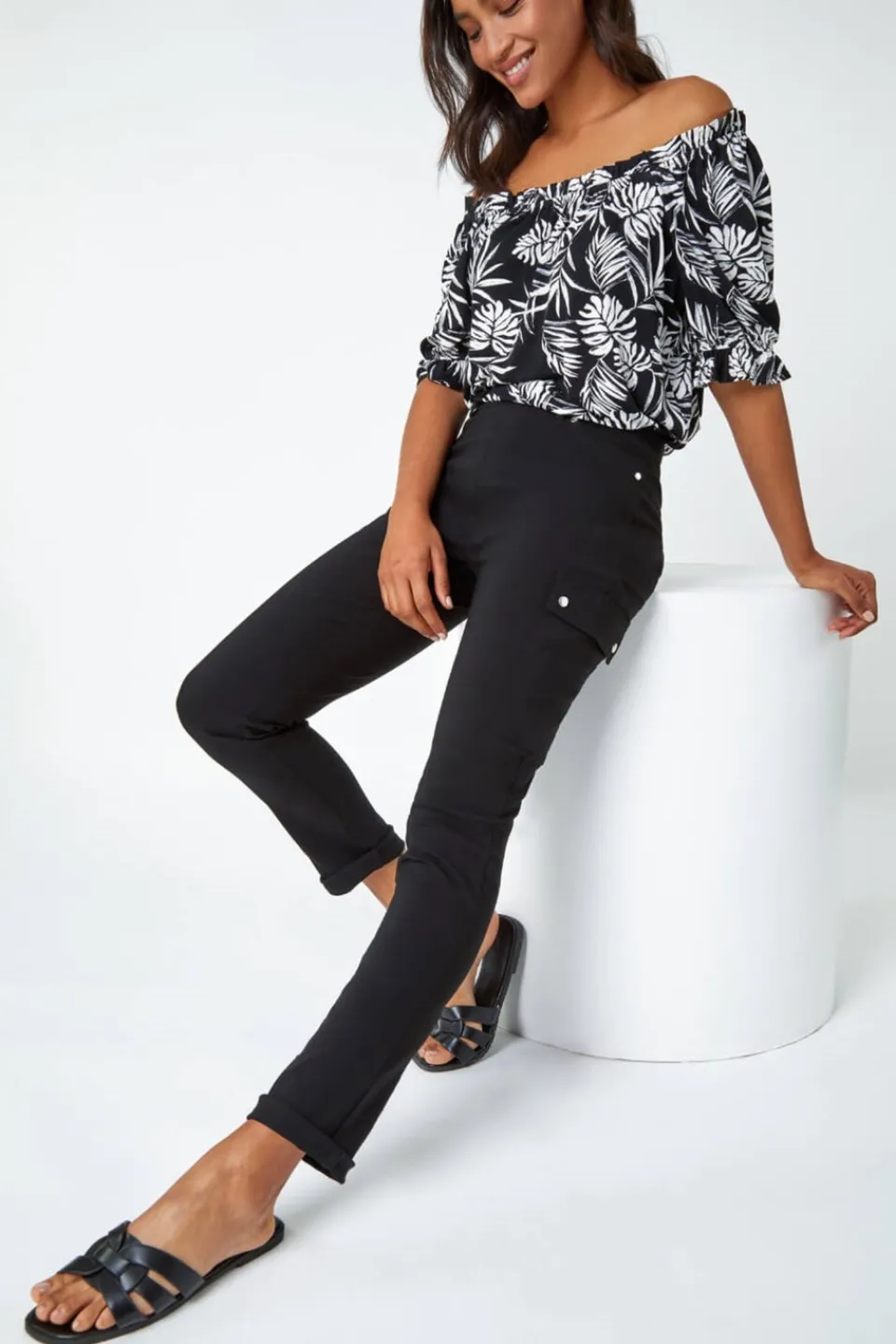Trousers>Roman Turn Up Stretch Cargo Trousers Black
