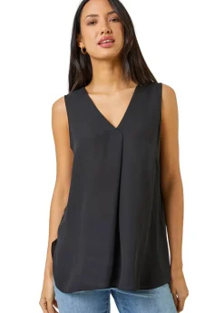 Tops>Roman V-Neck Pleat Tunic Tank Top Black
