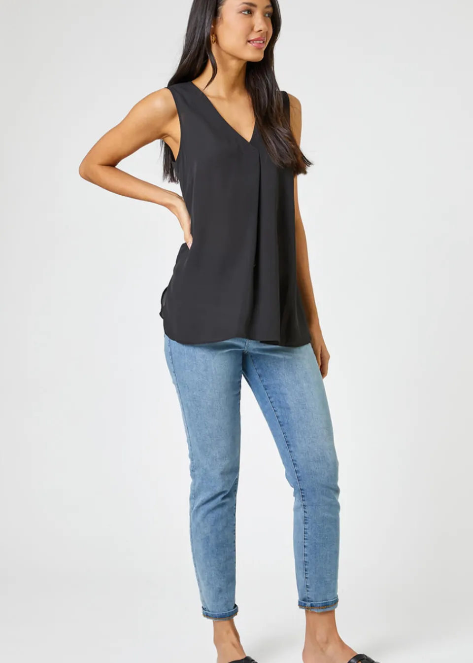 Tops>Roman V-Neck Pleat Tunic Tank Top Black