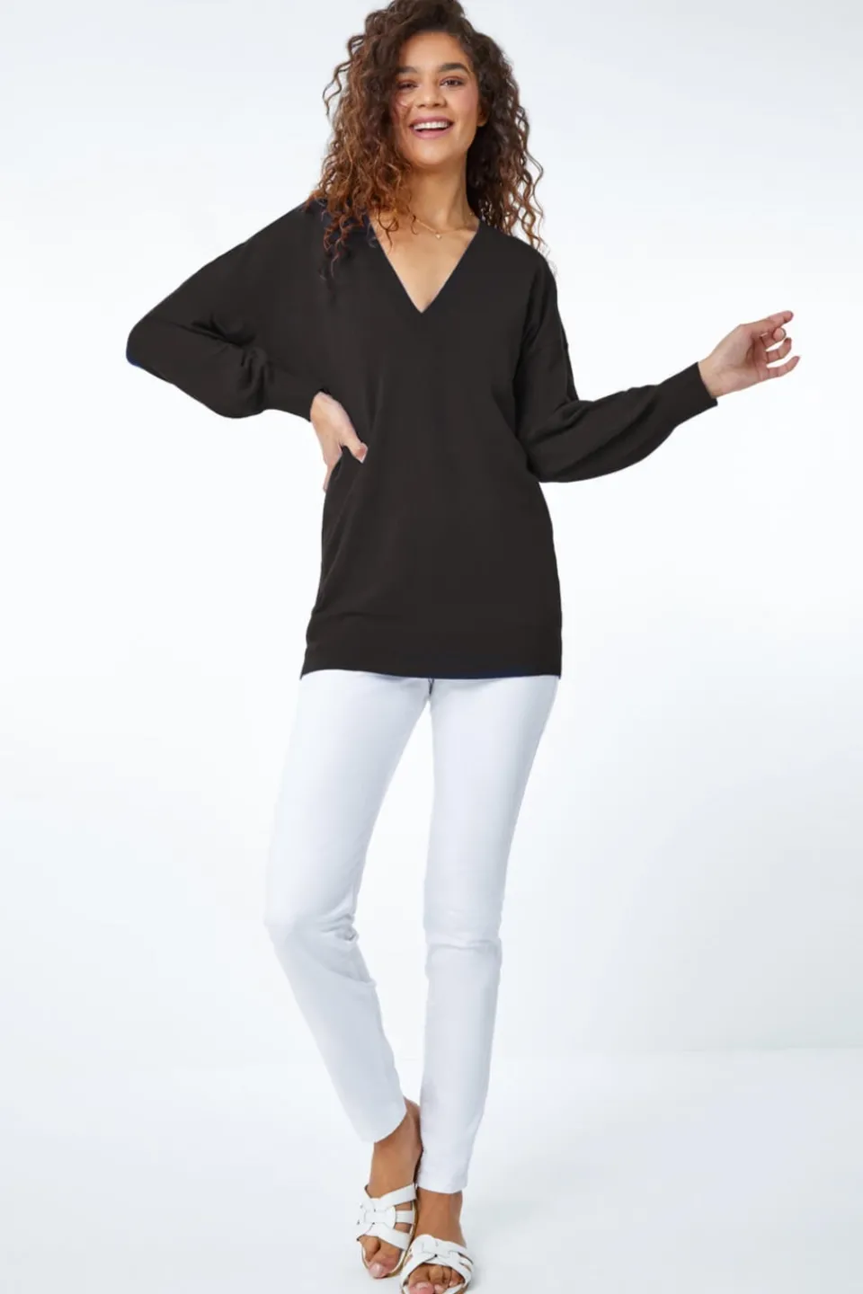 Tops>Roman V-Neck Stretch Jumper Black