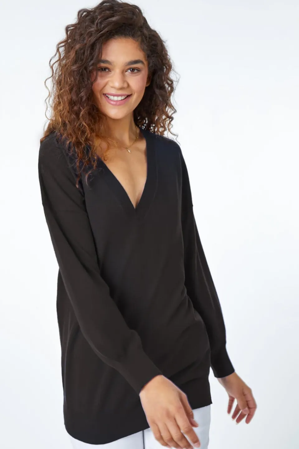 Tops>Roman V-Neck Stretch Jumper Black